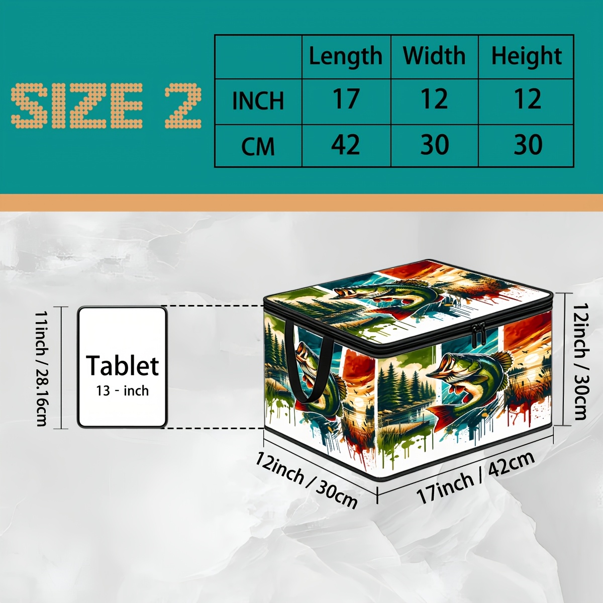 TEMU 1pc 1pcs Fishing-themed Storage Box With Largemouth Jumping Fish & Lakeside Sunset, Graffiti Ink Splatter Suitable For Travel, Moving, Camping -