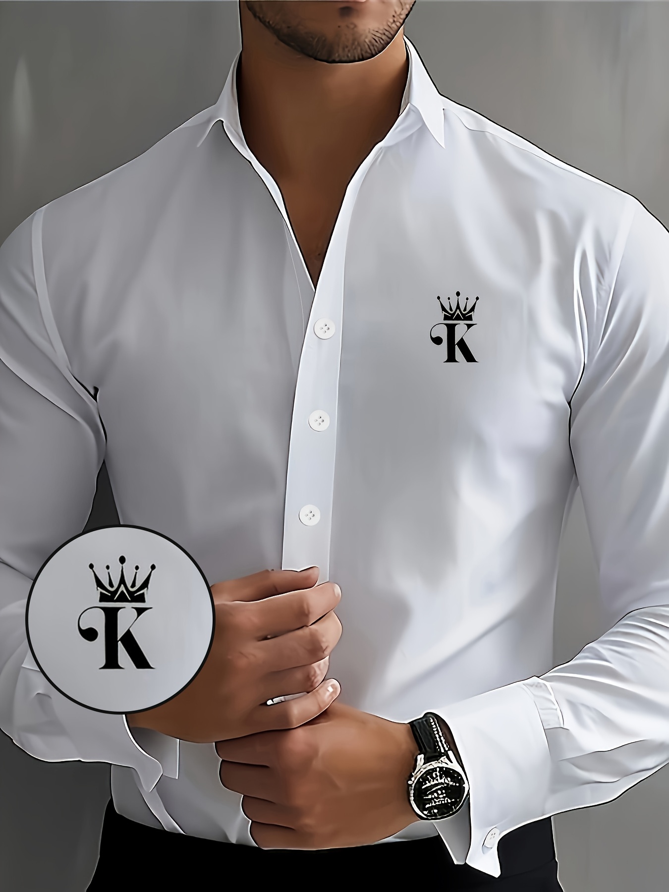 Men's Classic White Long-Sleeve Dress Shirt with Crown and Letter K Design, Breathable Button-Up Collar, Elegant Formal Style for Business or Formal Occasions, Business Attire | Modern Casual Shirt | Smooth Texture Shirt