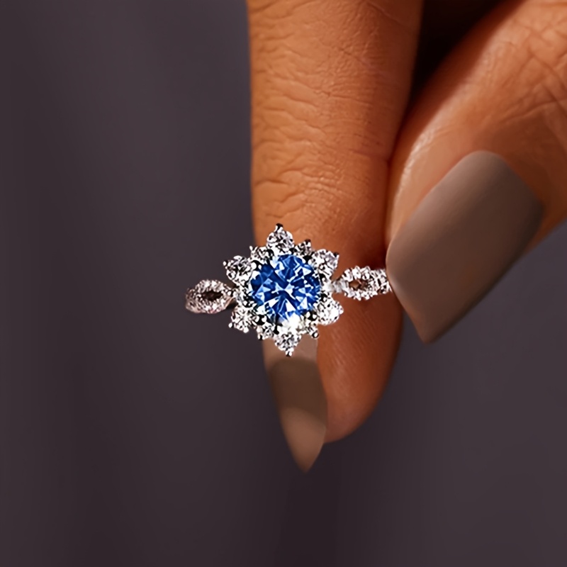 TEMU Elegant Blue Zirconia Ring - Luxurious Women's Engagement & Wedding Band, Sunflower Design With Sparkling Accents, Ideal For Valentine's Day/anniversary - Stylish Copper Jewelry Gift