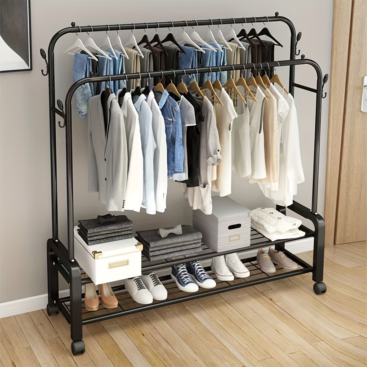 

Sturdy Metal Double Rodding Clothes Rack With Wheels, Portable Clothing Rack With Shelves & Hooks, Heavy Duty For Hanging Clothes, Multi-functional Closet Rack For Bedroom, Black