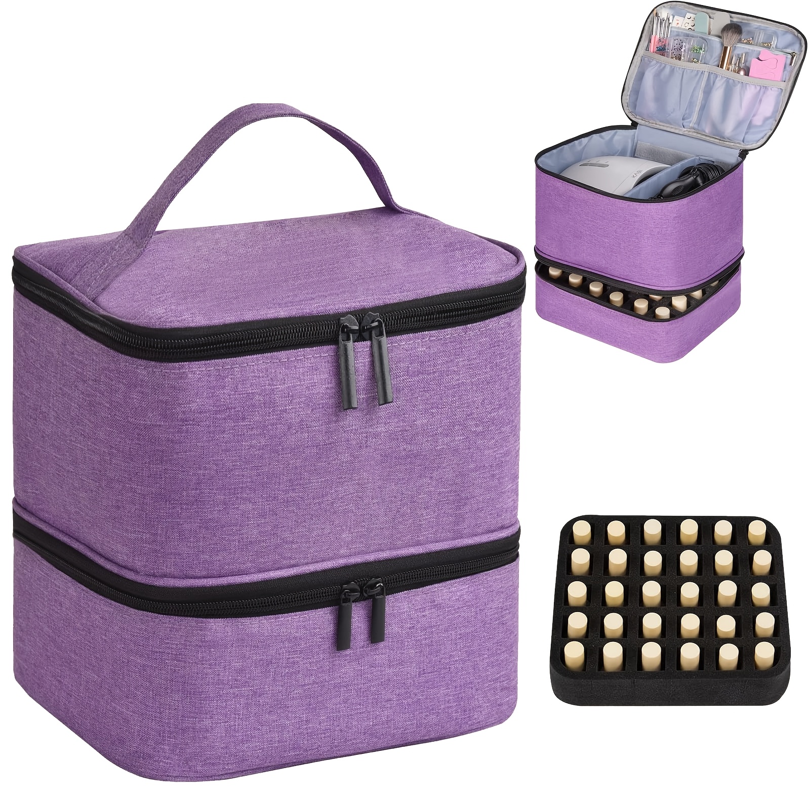 E-shop Stylische Doppelgepolsterte Nagellack-Aufbewahrungstasche, Verstellbarer Tragbarer Nagellack-Organizer für Reisen – Platz für 30 Flaschen und 1