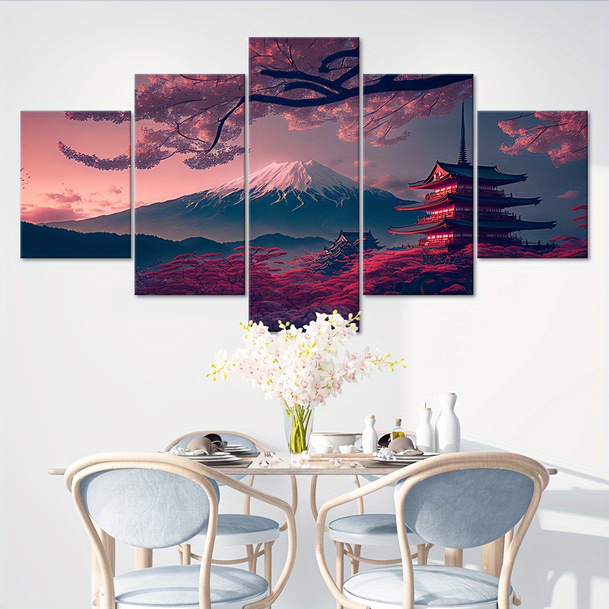2D Plat 5 stuks Lijst Fuji Sneeuwberg Sakura Boom Canvas Poster