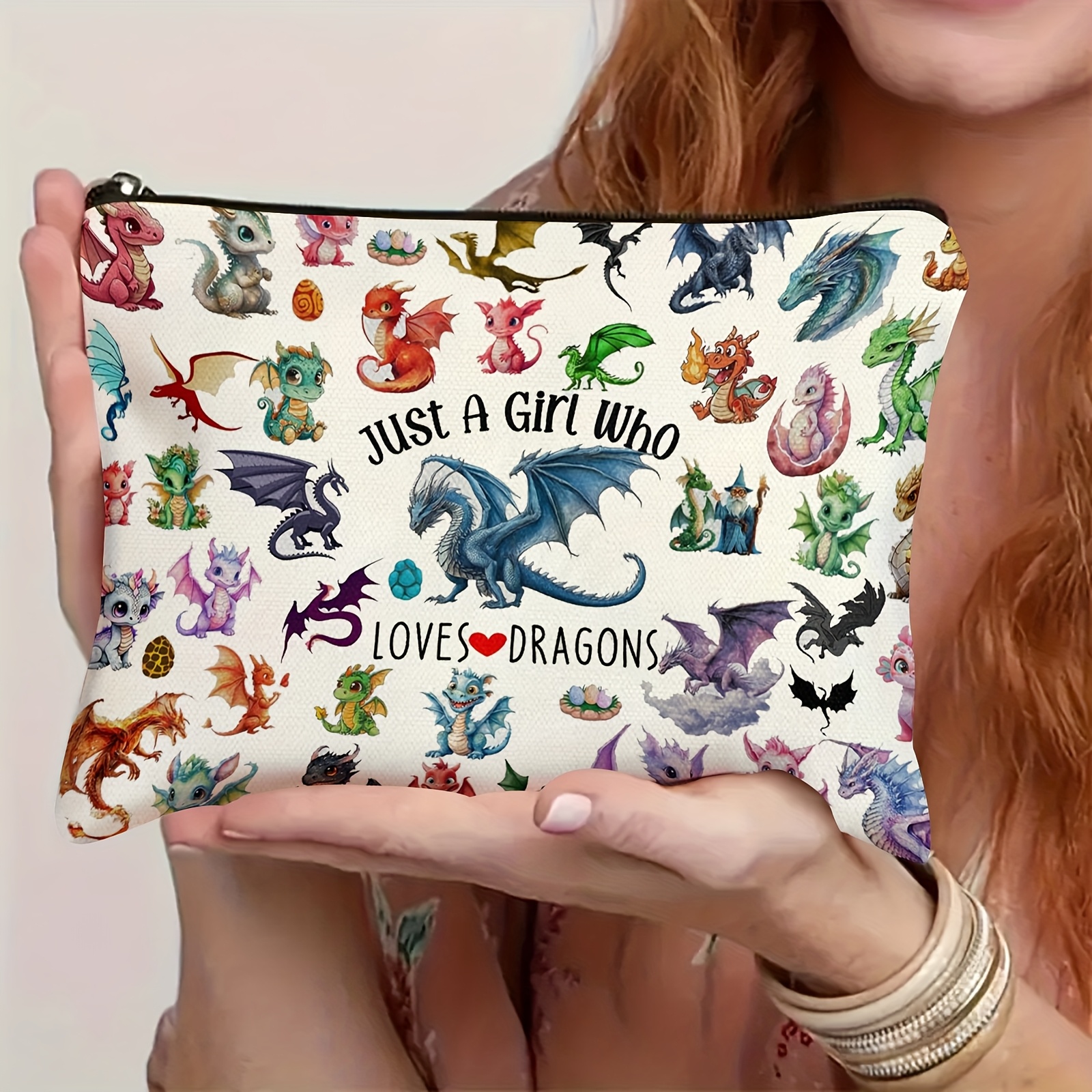 Image of Dragon-themed Makeup Cosmetic Bag For Women - " Who Dragons" Colorful Dragon & Hearts Design, Zipper Closure Travel-foldable Wallet, Gift For Dragon Enthusiasts