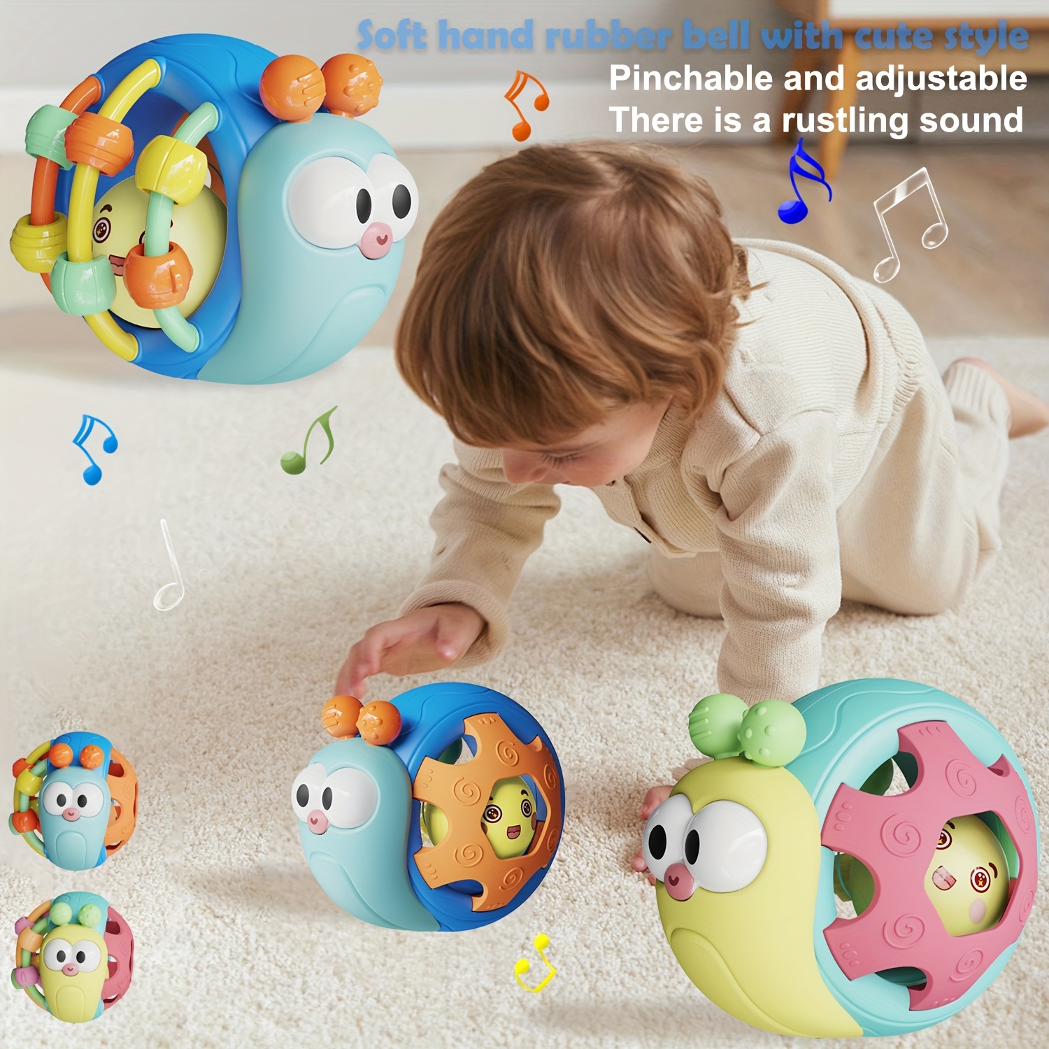 Baby Teething & Grasping Toys - Infant Safe Crinkle Squeaky Snail Ball With Rattle, Soft Toy For 0-12 Months, Easy To Hold