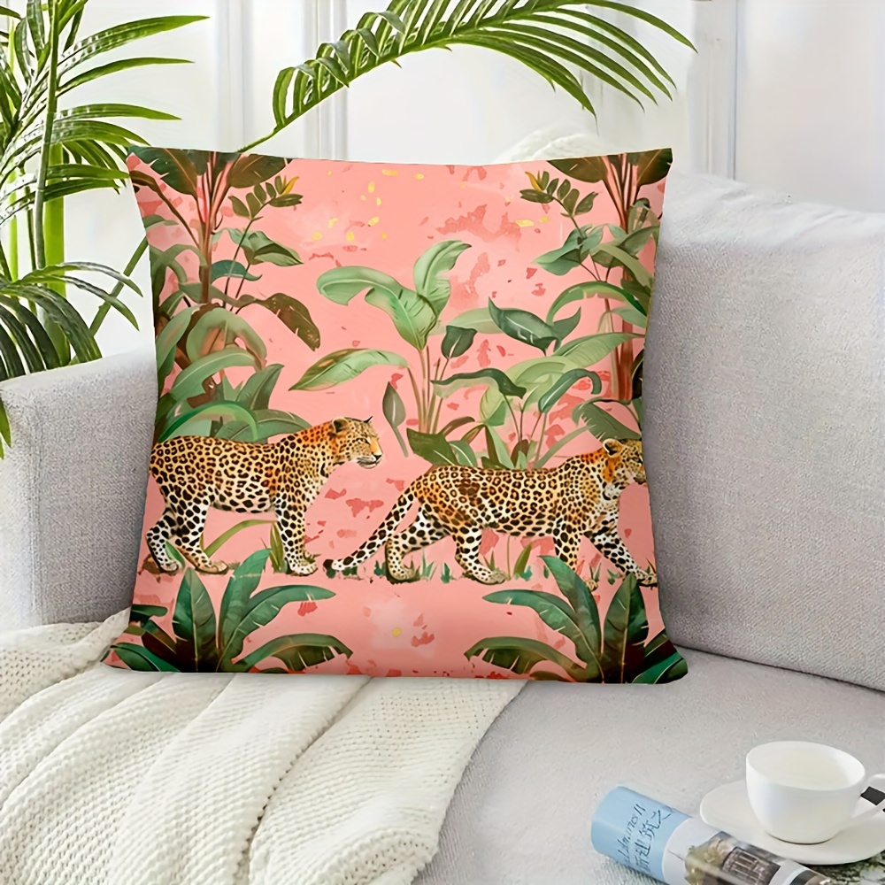 

Tropical Leopard Pattern Throw Pillow Cover - Polyester Woven Zipper Closure For Living Room - Machine Washable - 18x18 Inches