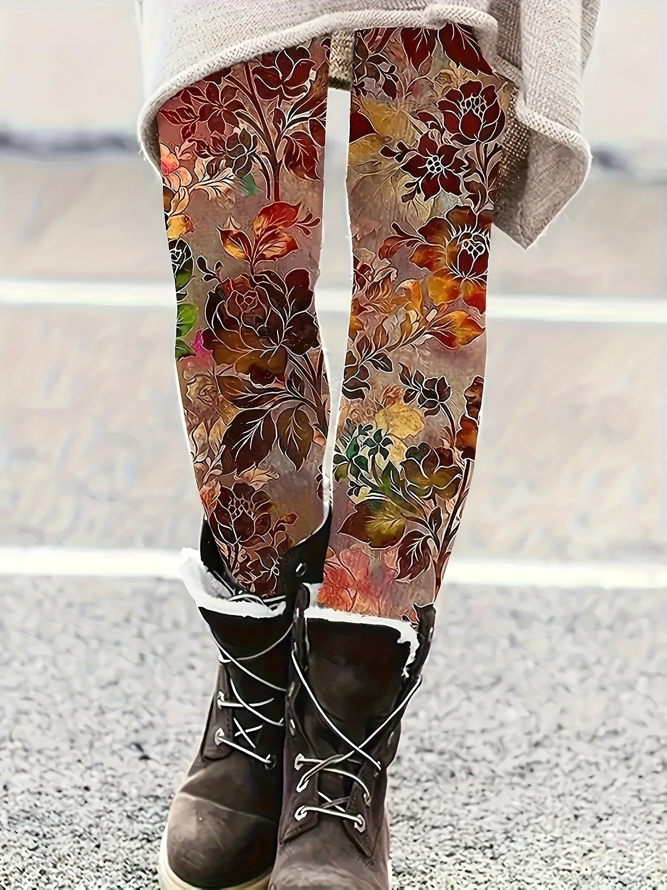 Women'S High-Waisted Slim-Fit Leggings - Vibrant Autumn Floral Print, Stretchy Comfort for & Casual Wear, Machine Washable Spring/Fall Pants, High Waisted Leggings, Fashionable Leggings, Nontransparent Fabric