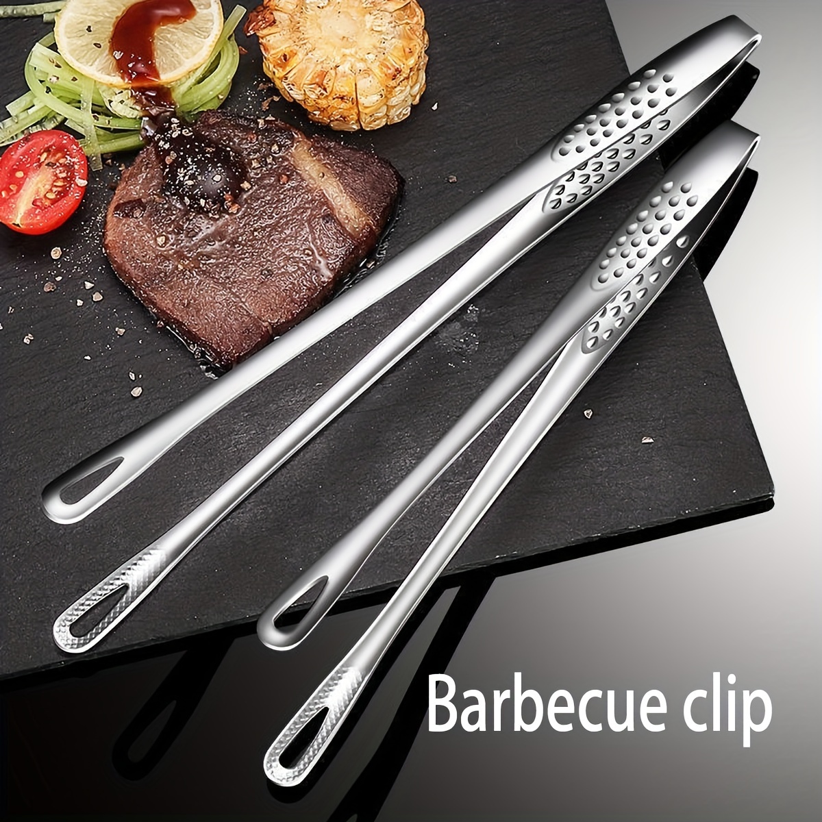 

2pcs Stainless Steel Bbq Tongs - Grilling, Steaming & Serving Bread & Pastries - Tool For Outdoor Parties