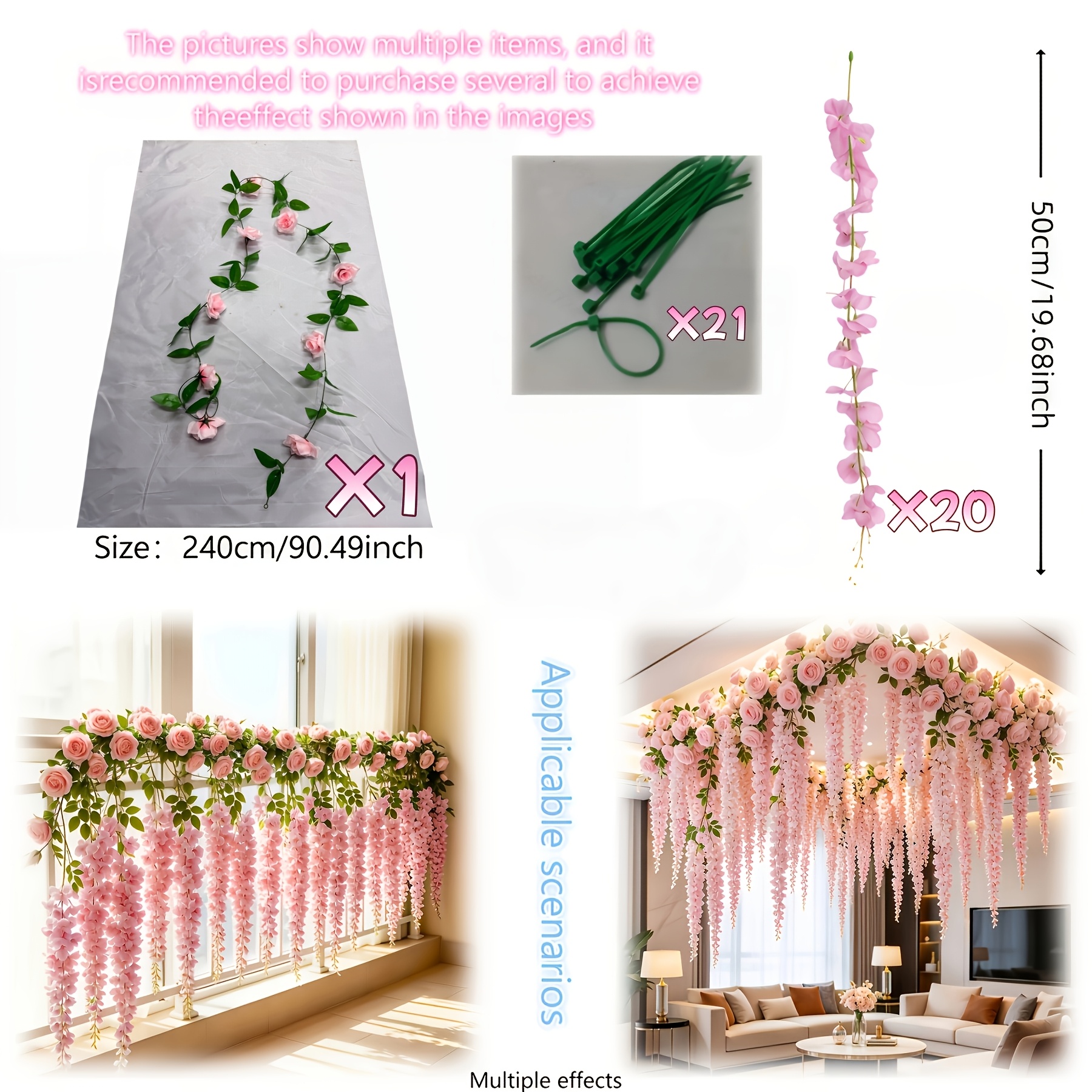 TEMU 42pcs Set - Pink Rose And Pink Wisteria Garland With Ties, Artificial Hanging Flower Strands, Dense Floral Decor, Suitable For Wedding Arches,