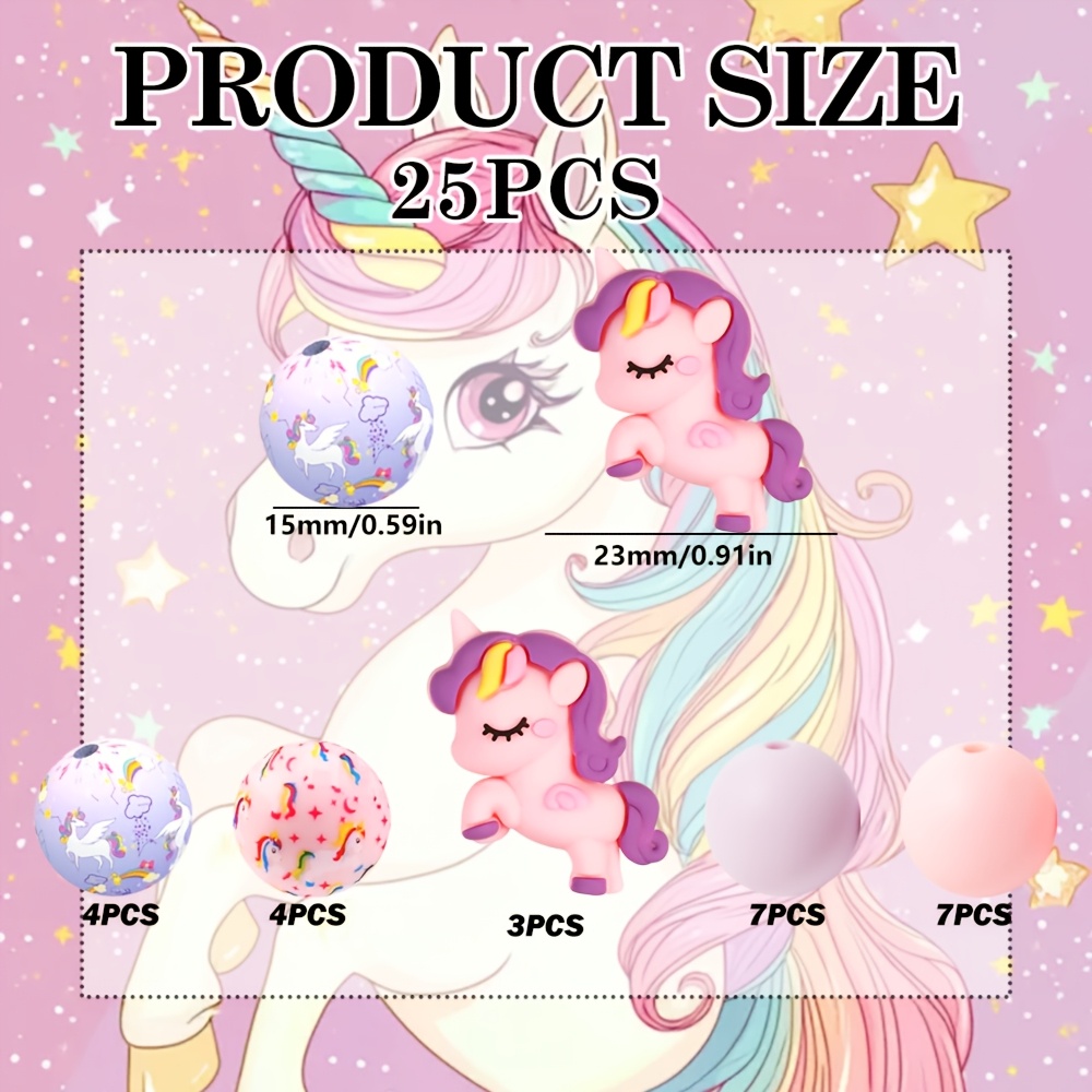 TEMU Un ensemble de 25 perles en silicone licorne rose, comprenant des perles rondes et roses avec un motif de licorne de 15 mm, pour du bijou.