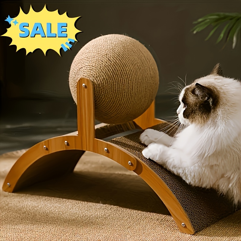 

1pc Sisal Cat Scratching Post With Interactive Ball Toy - Sturdy Wooden Base, Rope-covered Surface, Battery-free, Ideal For Cats