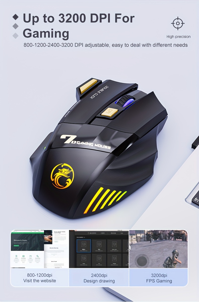 USB Wiederaufladbare Maus mit 7 Tasten, 2.4G Leiser Betrieb, 7-Farben Atmungsaktive LED, Kabellose Gaming Maus, Ergonomisches Design mit RGB Hintergrundbeleuchtung, Geeignet für Laptops