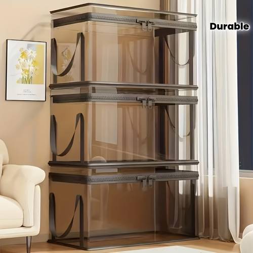 3 pack large capacity foldable heavy duty clear plastic storage box with 180 lid large capacity stackable organizer bin for home heavy duty clear container for books clothes snacks durable space saving design under