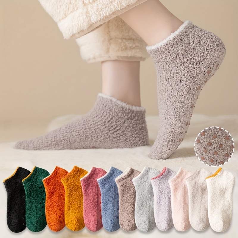 

4 Pairs Solid Fuzzy Socks, Thick Warm Soft Fluffy Ankle Socks For Fall & Winter, Women's Stockings & Hosiery