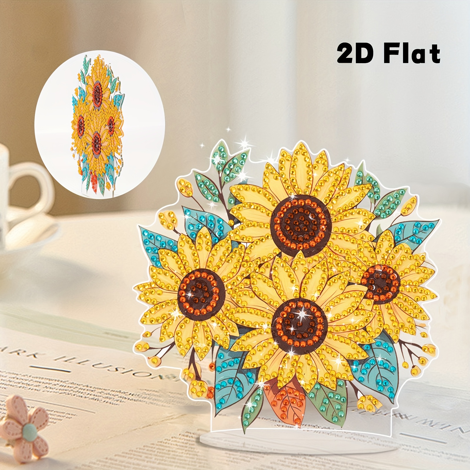 Image of 1pc 2d Flat Sunflower Diamond Painting Ornament, Sparkling Painting Set, Suitable For Living Room, Bedroom, Office Desk Decoration Gift