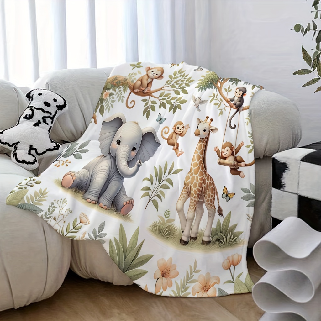 Watercolor Jungle Elephant and Giraffe Flannel Blanket