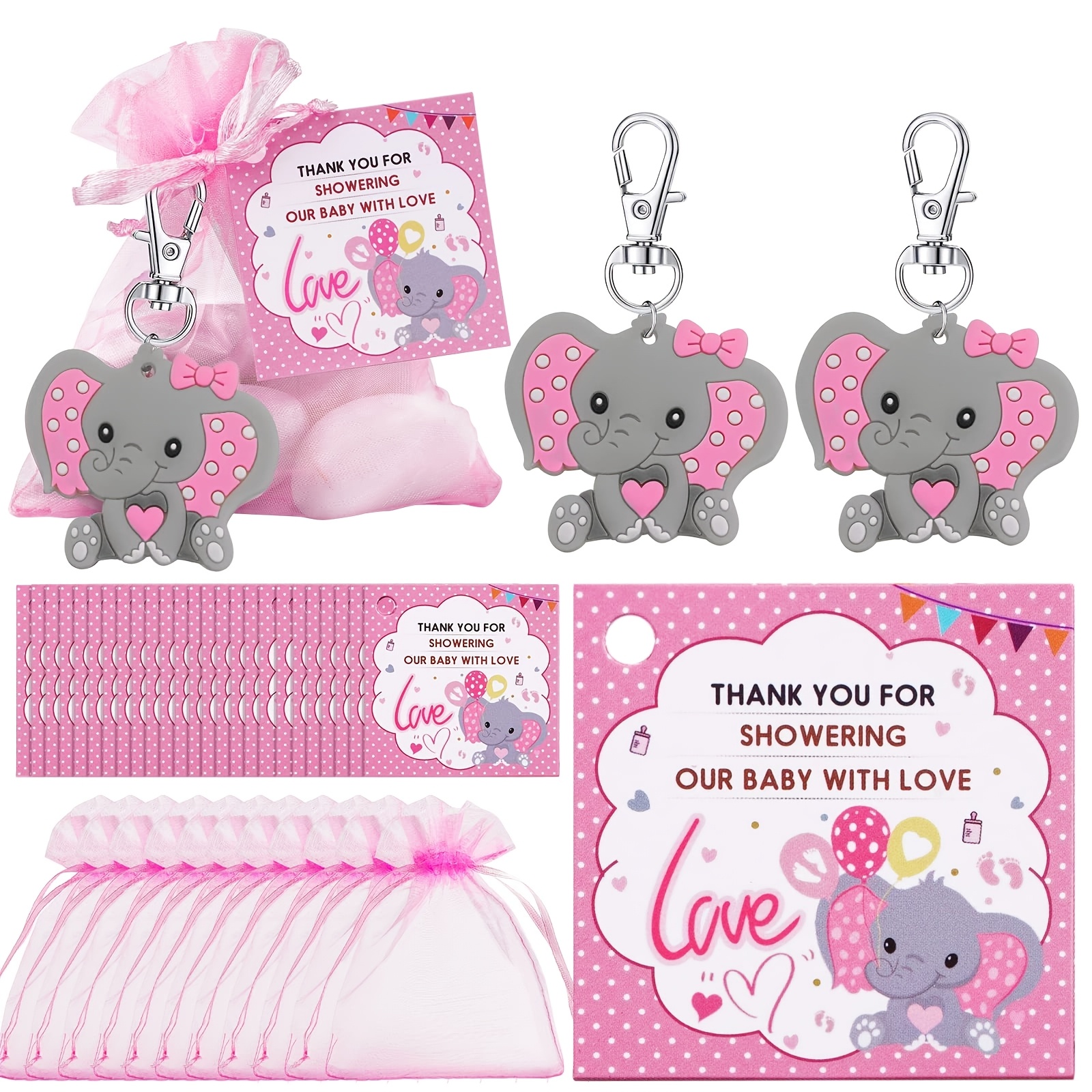 TEMU Gift For Her/him 30pcs, 10 Sets Of Cute Elephant Keychains, Including 10 Elephant Keychain Decorations, 10 Organza Gift Bags, And 10 Thank-you