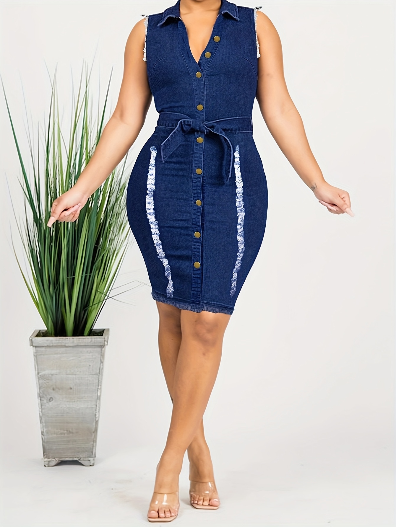 Women's Sleeveless Denim Bodycon Midi Dress - * V-Neck with Front Button  Closure * Trim Detail & Stretchy * Fit, Machine Washable * Casual to  Evening Dress in Blue, Weekend Wear * Trendy Women
