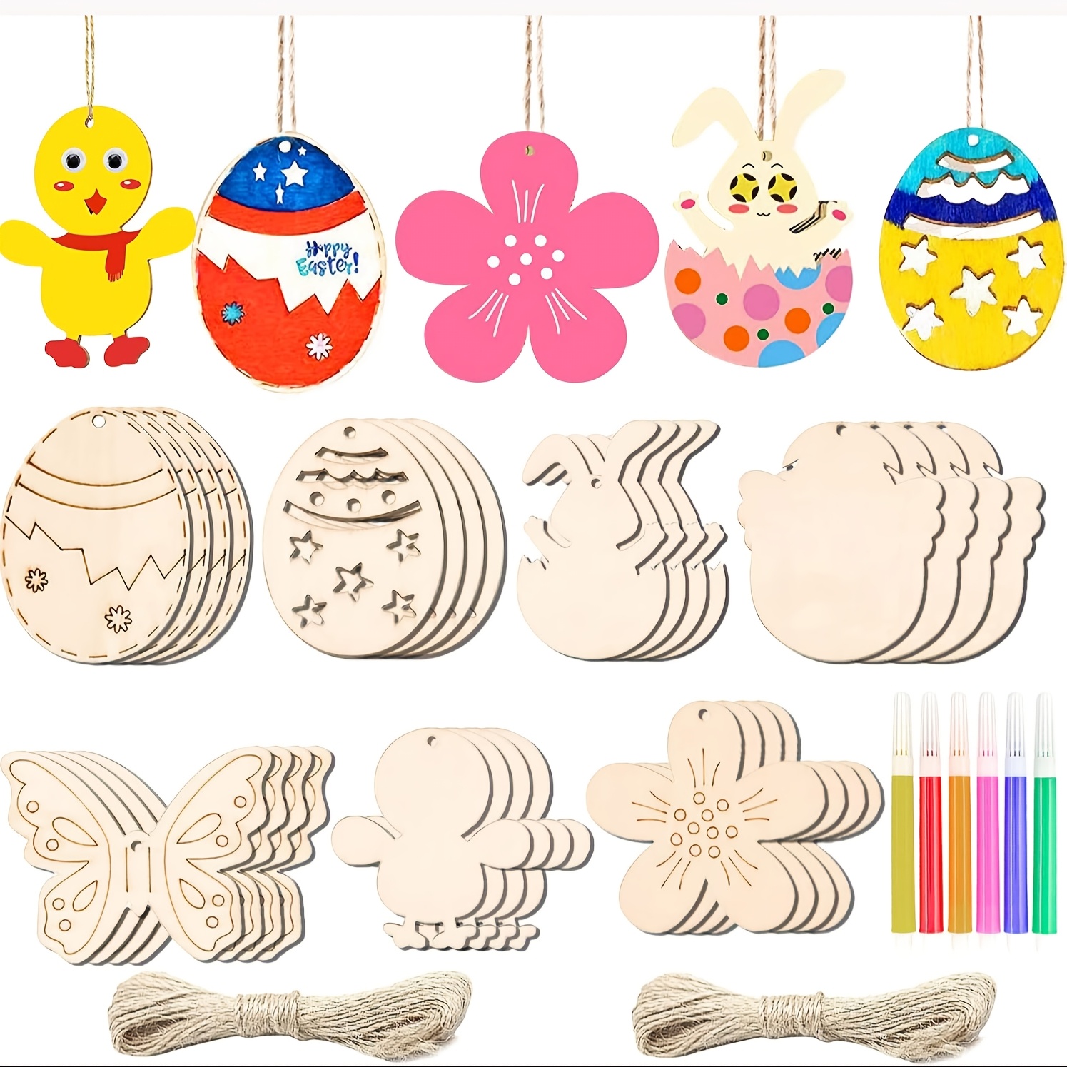 

36pcs Classic Wooden Ornaments, Diy Paintable Crafts With 6 Markers And Hanging Rope, Animal Themed Holiday Decorations For Easter Celebration, Crafts, Graffiti