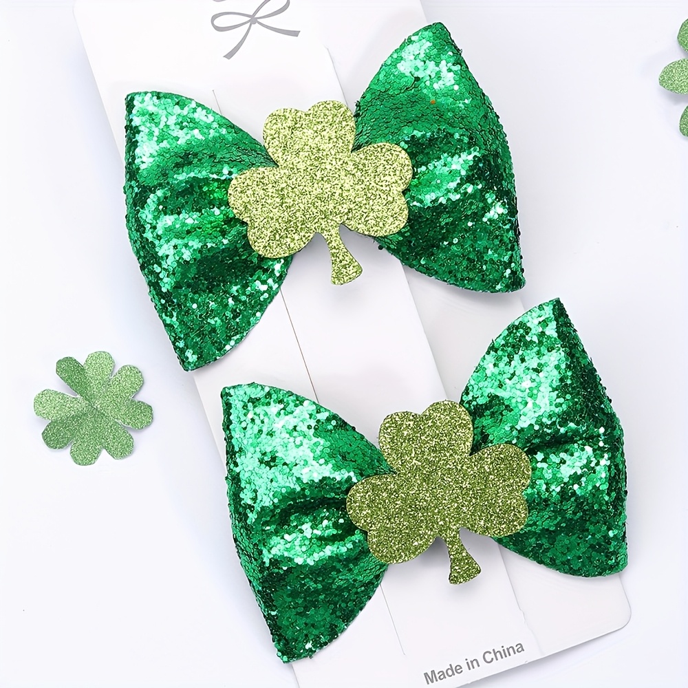 

Elegant 2pcs Clover Sequin Bow Hair Clips - , 's Day &