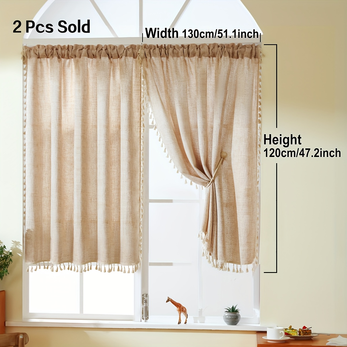 Image of 2pcs Set Of Solid Color Minimalist Tassel Short Curtains, , Plain Semi-curtains, Square Rod Pocket Valances, Suitable For Living Room, Bedroom, Kitchen, Window And Cabinet Decoration And Covering