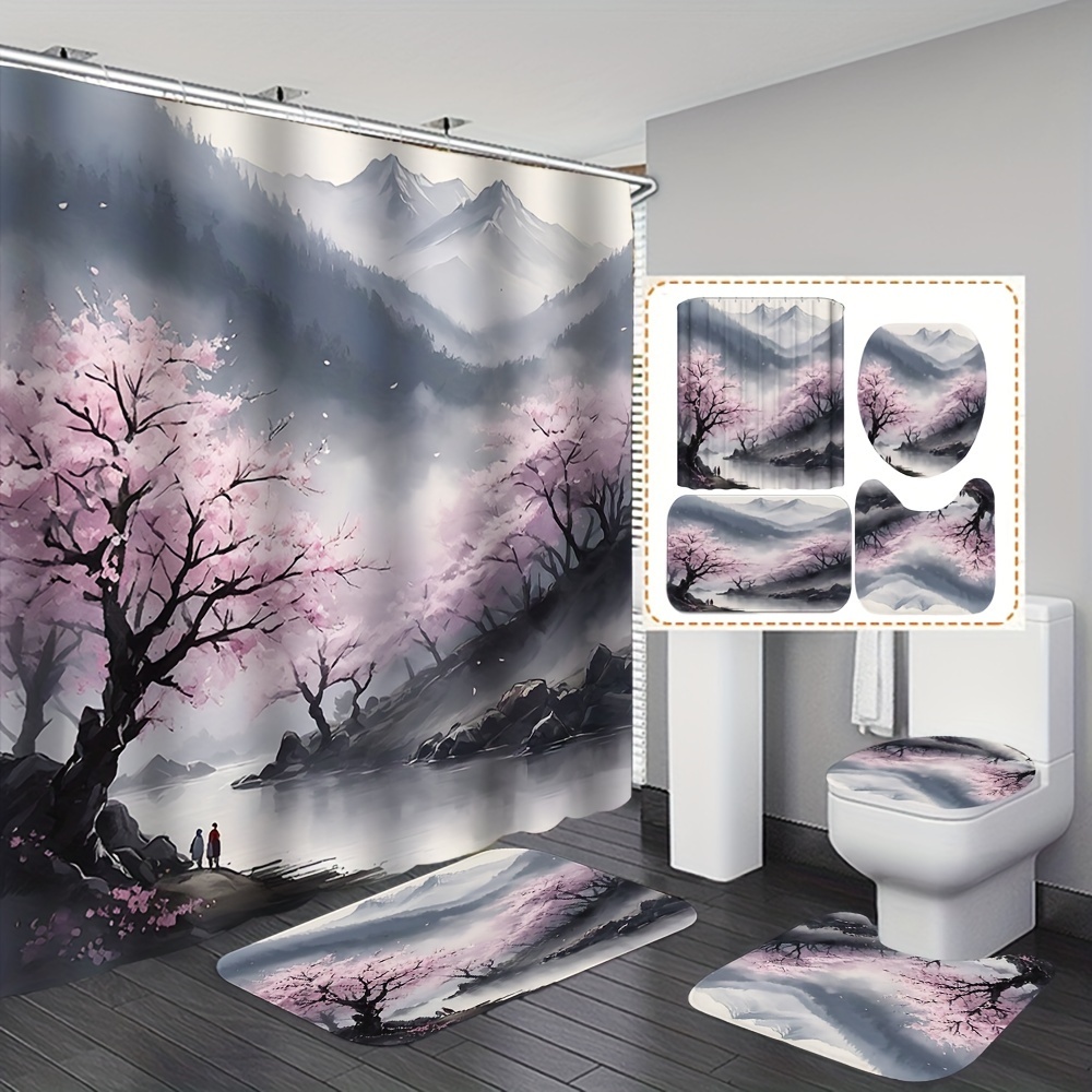 

4pcs Cherry Ink Painting Shower Curtain Set, Waterproof Shower Curtain With Non-slip Bath Mat, U-shaped Rug, Toilet Lid Cover, And 12 Hooks, Bathroom Accessory Kit For Home Decor