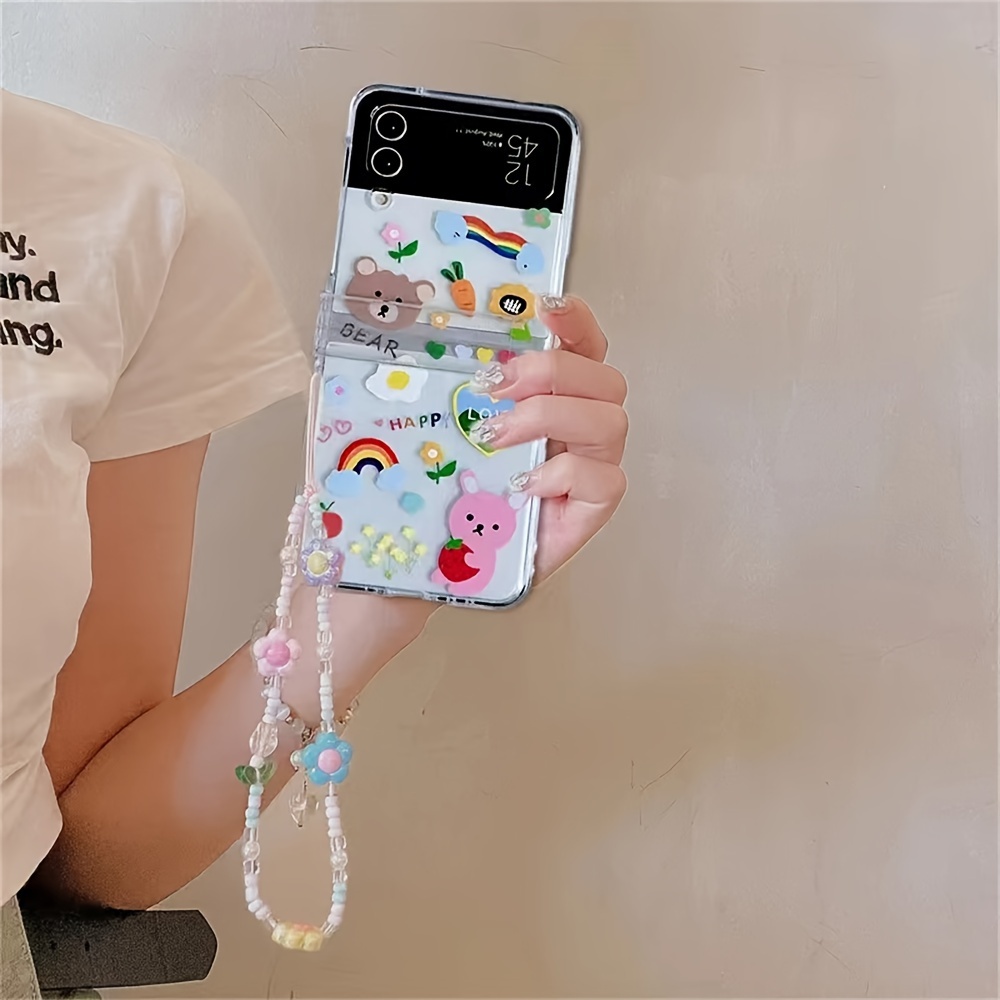 

Z Flip 5 Cartoon Rabbit Tulip Bracelet Clear Hinge Phone Case For Samsung Galalxy Z Flip 3 4 5g Lovely Pc Hard Flip Cover Capa