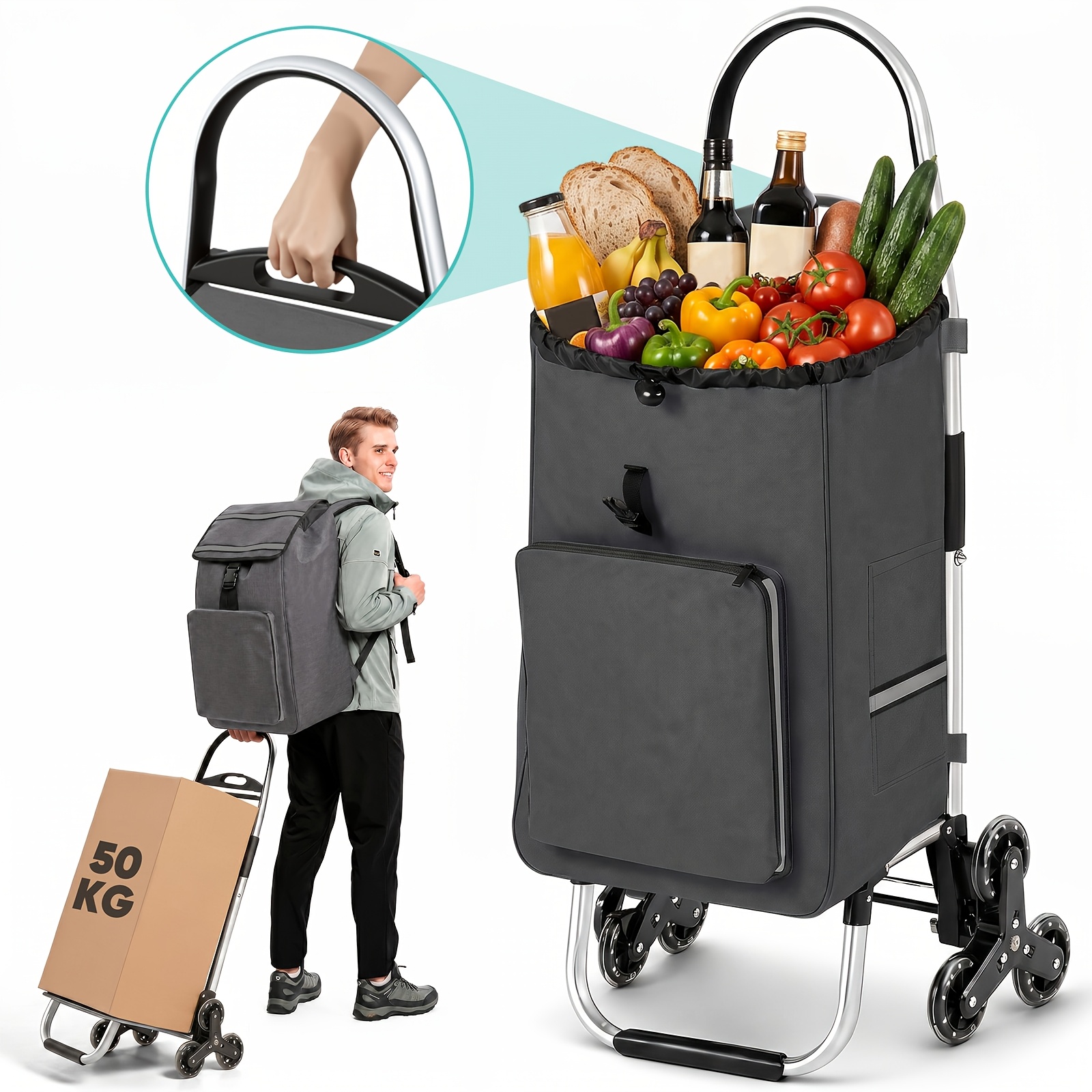 TEMU Xl Stair Climber Foldable Shopping Trolley, 4-in-1 Shopping Cart With 6 Foldable Wheels (shopping Trolley, Hand Truck, Backpack & Hand Carrier),