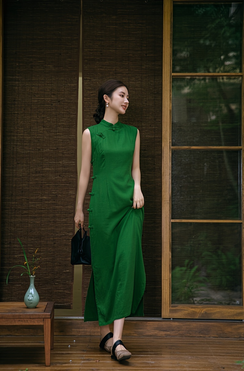 summer new cheongsam womens green linen new chinese style - Temu Mauritius