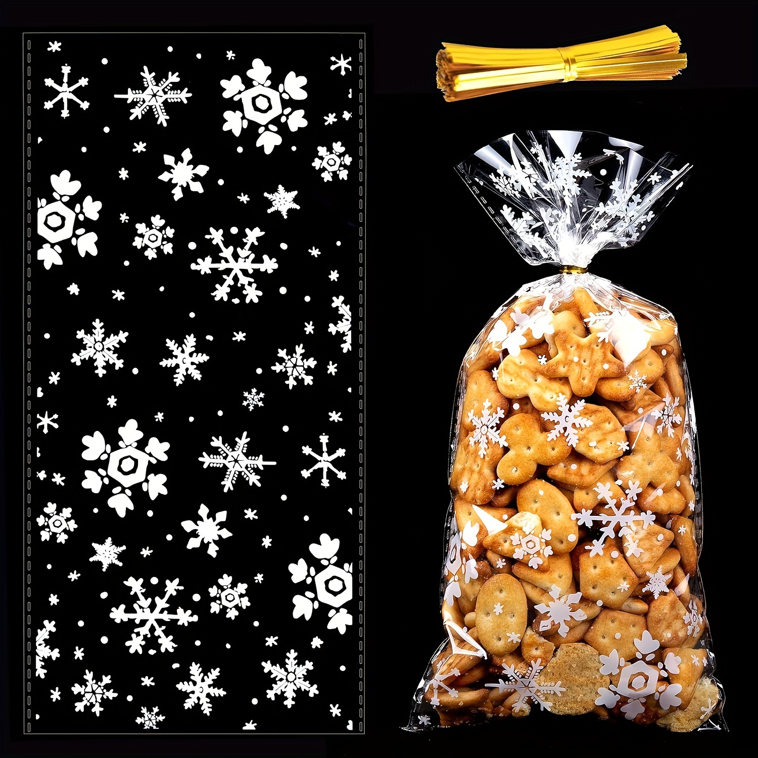Image of 50pcs, Transparent Plastic Packaging Bags, Christmas White Snowflake Candy Bags, Christmas Party Decorative Packaging Bags, Winter Christmas Element Pattern Packaging Bags With Golden Twist Ties