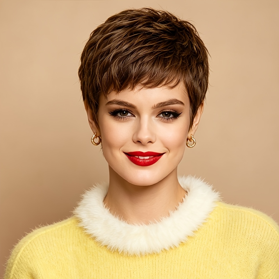 TEMU Amecire Women's Human Hair Wig Suitable For Tones - Short Cut With Bangs, 4-inch Layered Straight Hairstyle, Machine-made Density Wig With
