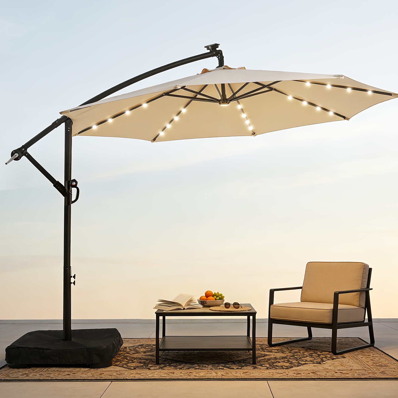 10ft solar lights offset cantilever patio umbrella   and base led lighted offset hanging patio outdoor market umbrella upf50 uv protection with easy tilt and crank outdoor patio furniture heavy duty sun shade sail