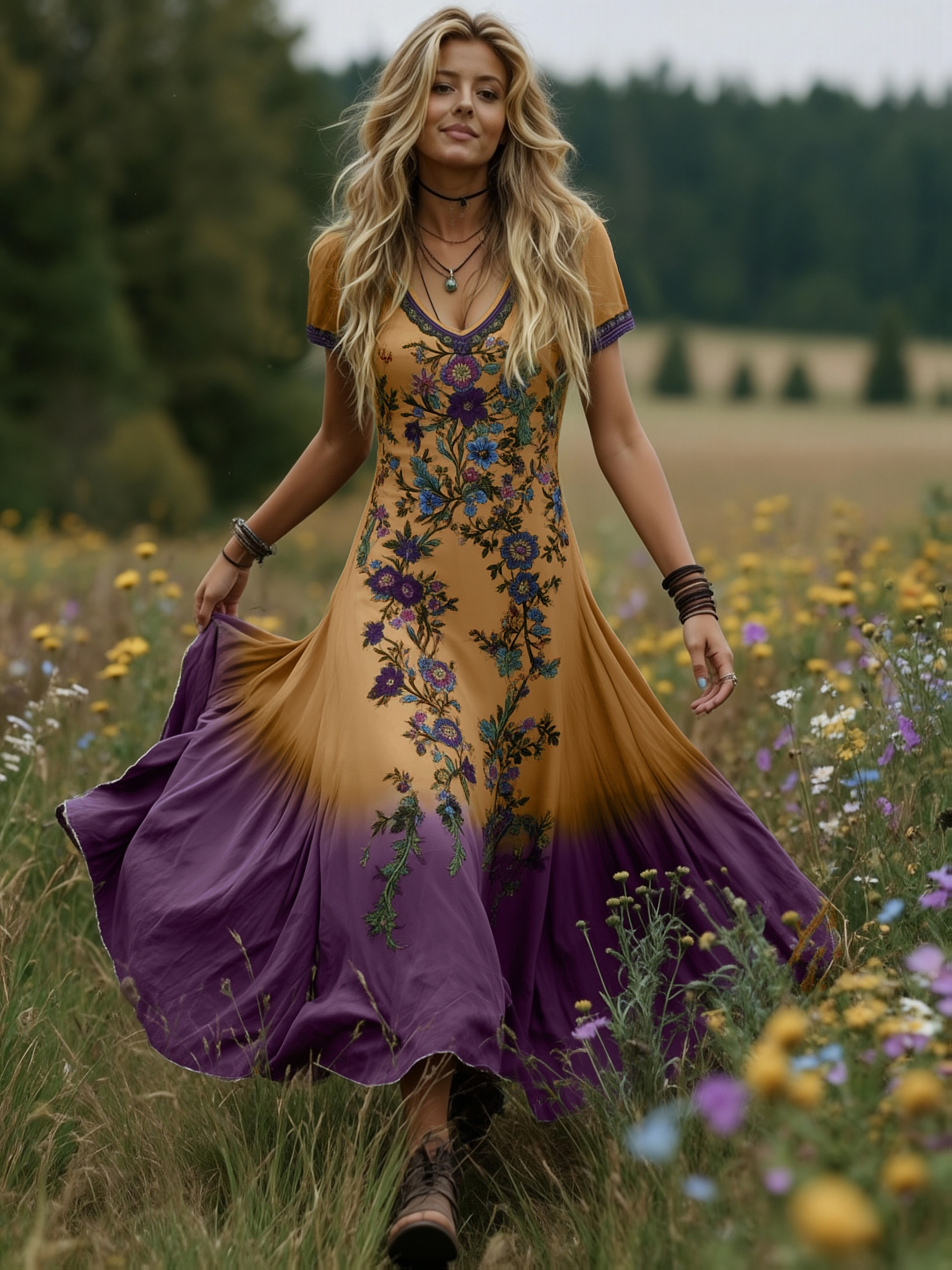 elegant and artistic v neck dress with floral and plant gradient color contrast patterns retro romantic and free