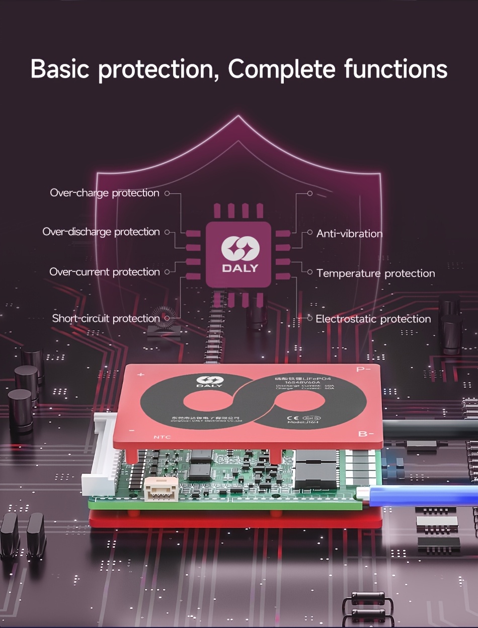 dalybms 100a lifepo4 3 2v li ion lithium 3 7v protection management pcbbms for 12v 24v and 48v packs with a   control of 150a for charging and   without battery Product details 2