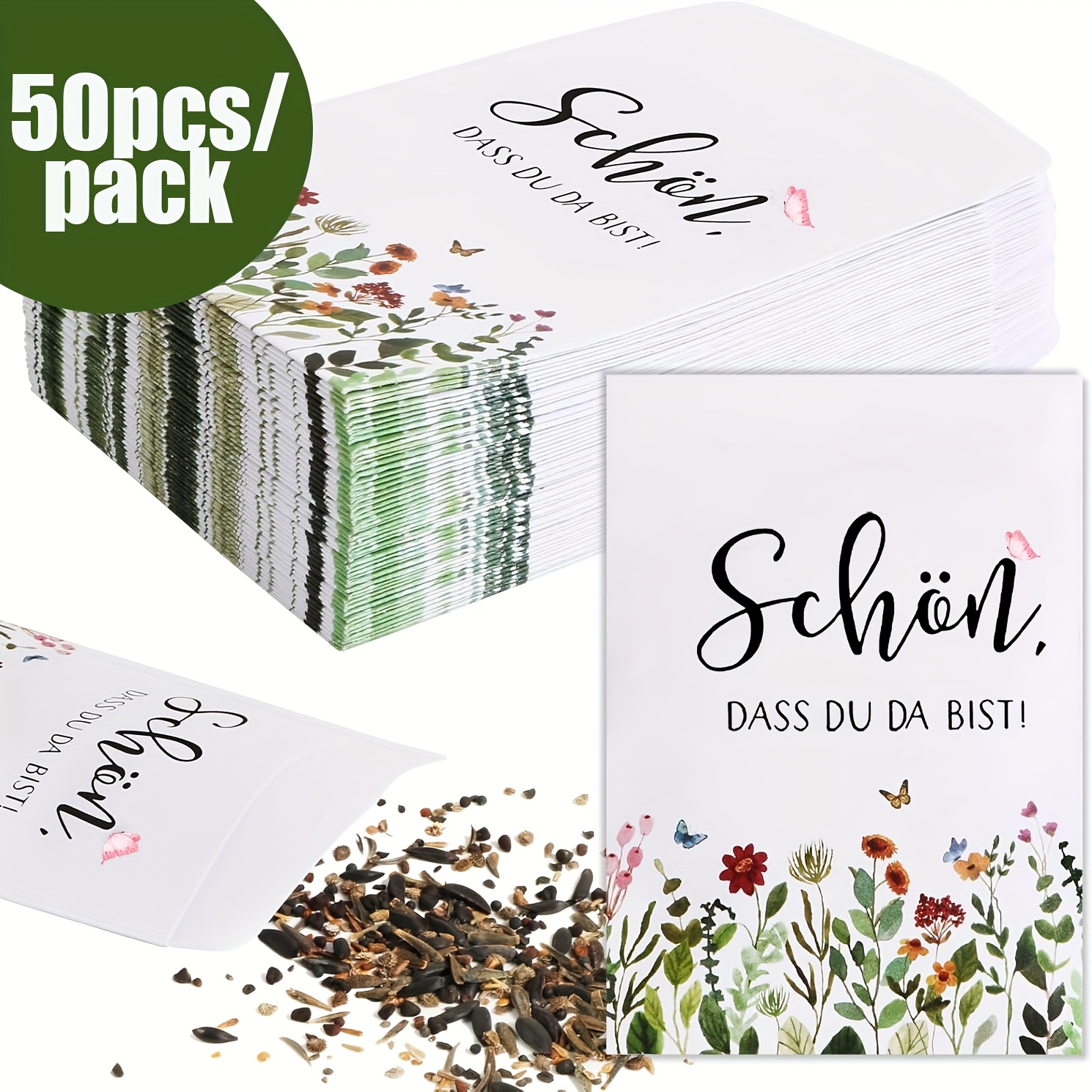 E-shop 50 Stück Blumen Samen Geschenktüten - " You'Re Here" Deutsches Design mit Blumenillustrationen, Weiße Papier Geschenktüten für Hochzeiten,