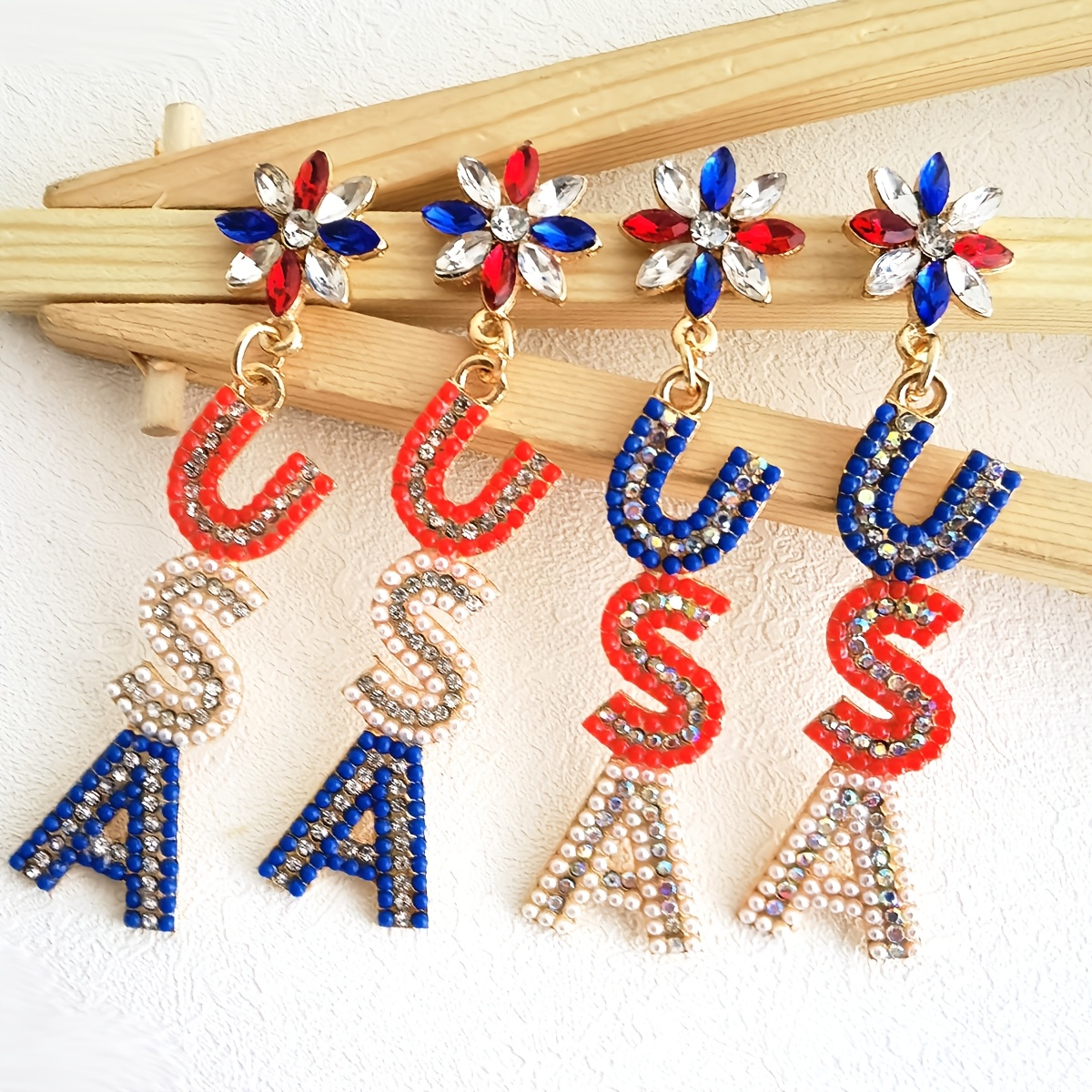 

Patriotic Usa Letter Earrings With Red, Beads And Rhinestones - Zinc Alloy, Stainless Steel Posts For And Casual Attire