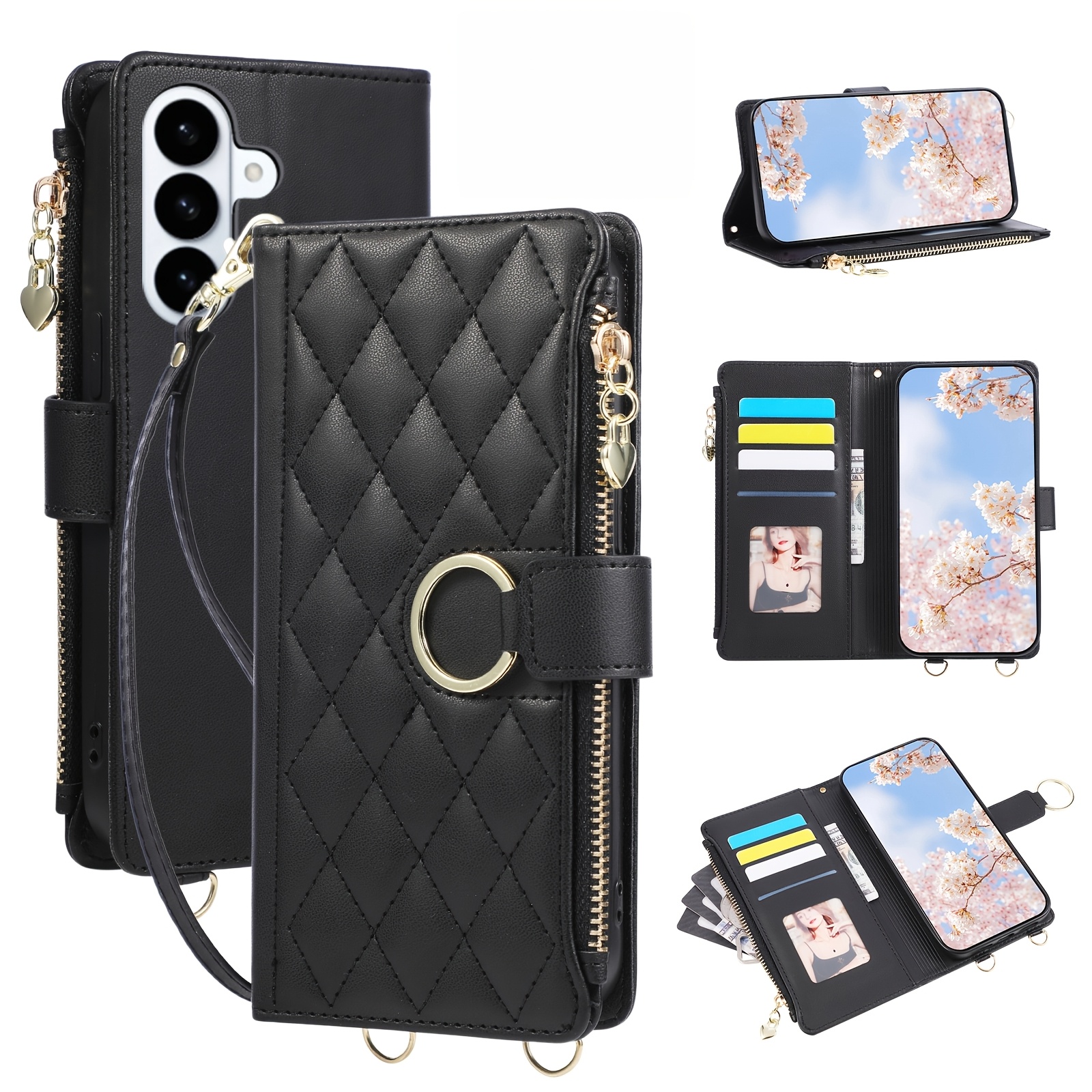 TEMU Phone Case - D-ring Finger Loop Men Women Wallet Card Holder Slot Stand Cute Faux Leather Phone Case For Galaxy A57 A37 A17 A56 A36 A26 A16 A55