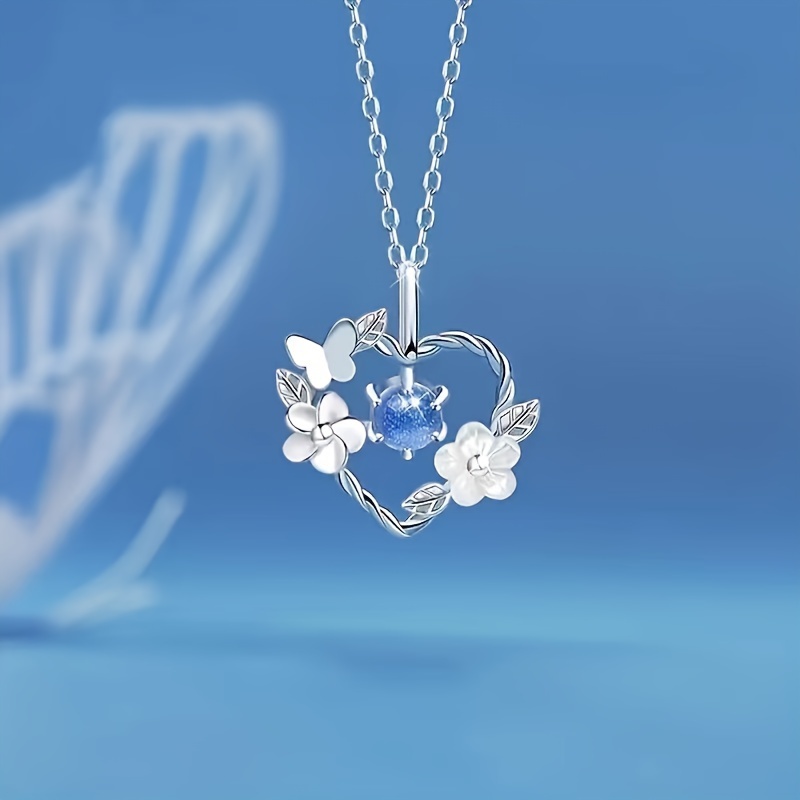 

1pc, Elegant & Simply Style, Silvery Heart Shape With Butterfly And Flower Pendant Necklace, Inlaid Shiny Faux Diamond Necklace For Daily Wear & Party, Perfect Gift For Ladies