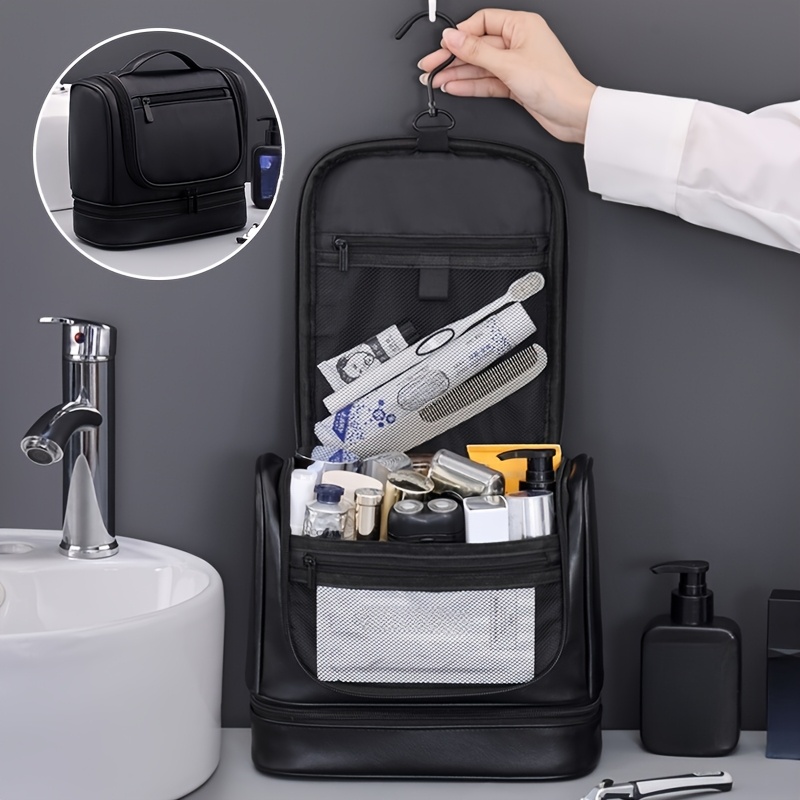 1pc Dual Compartment 6-storey Large Capacity Toiletry Bag, Portable Travel Makeup Bag, With Hook For Cosmetics And Toiletries Storage Bag
