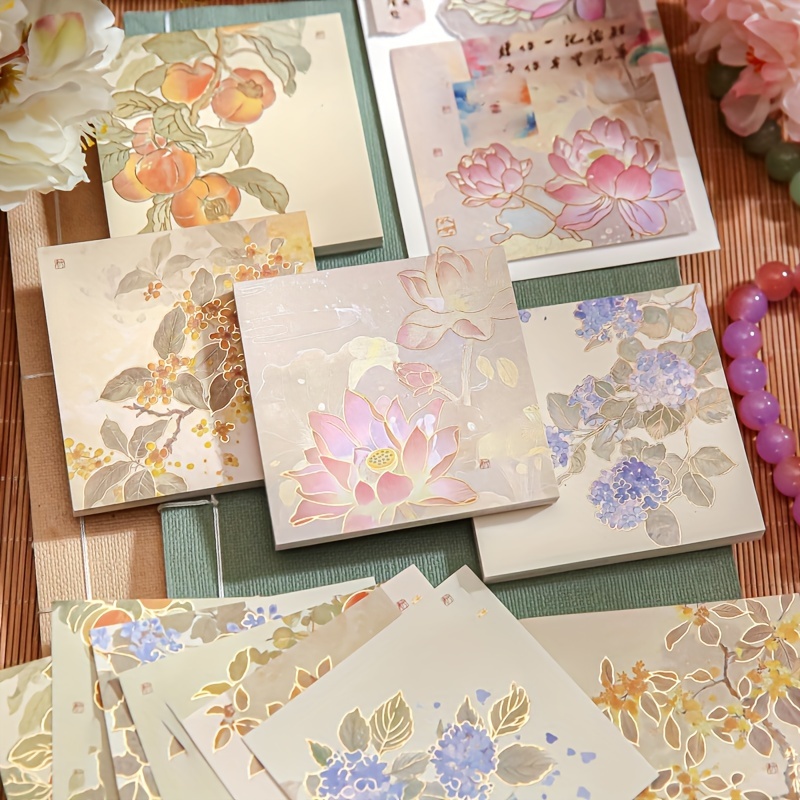 

60 pcs de notes auto-adhésives dorées à motif floral, style chinois, cahiers de notes décoratifs carrés pour cahiers, scrapbooks, journaux, planificateurs, série Rêve