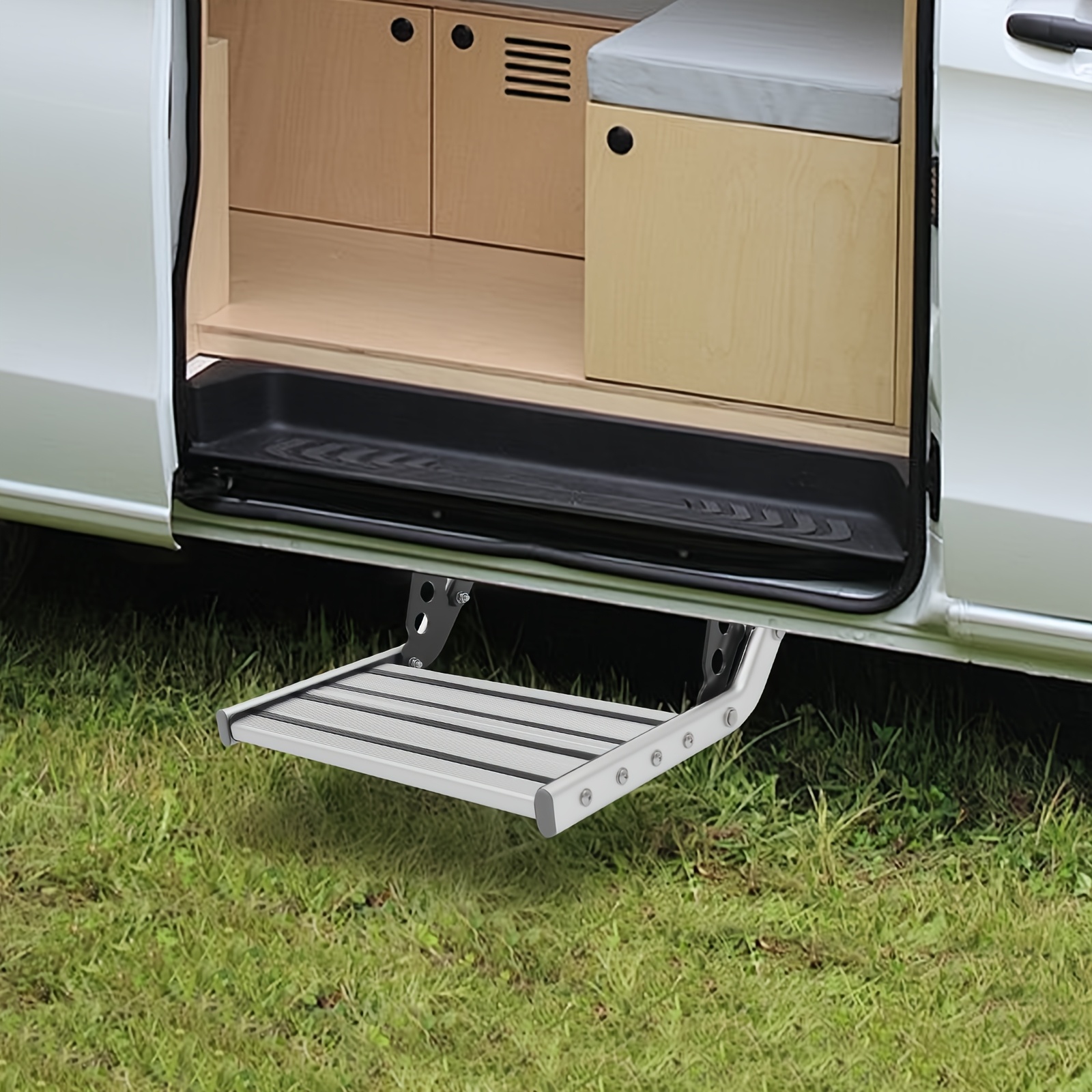 TEMU Lalowde Folding Rv Step With Anti-slip Surface, Heavy Duty 330lbs Aluminum Alloy Retractable Step For Van Motorhome, Manual Steps, Silvery