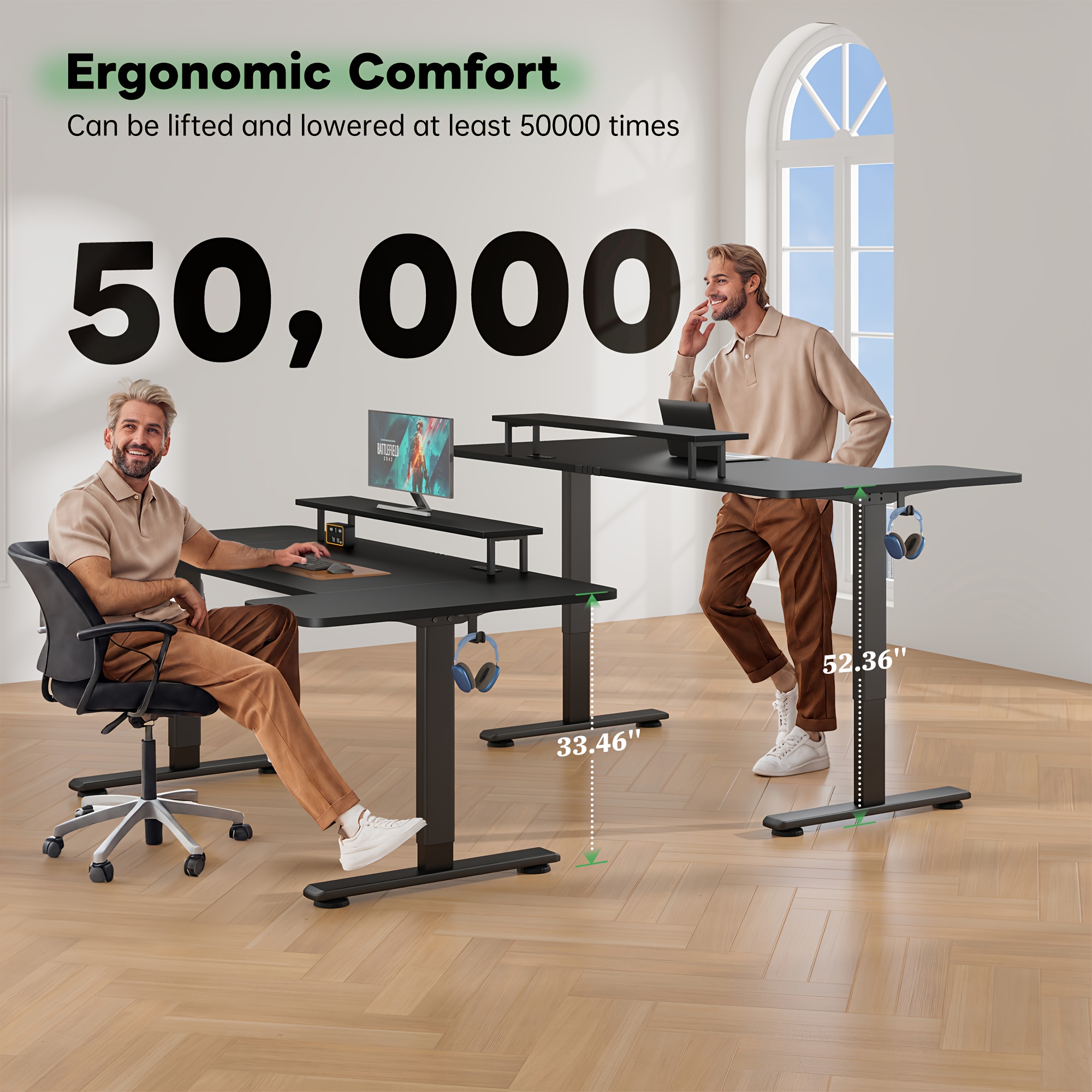 71×36 Standing Desk Electric Adjustable Height Desks, Home Office Desks With Cable Management, Monitor Stand, 2 Hooks, 5 Power Outlets, 3 Memory Adjustable Height Computer Desk