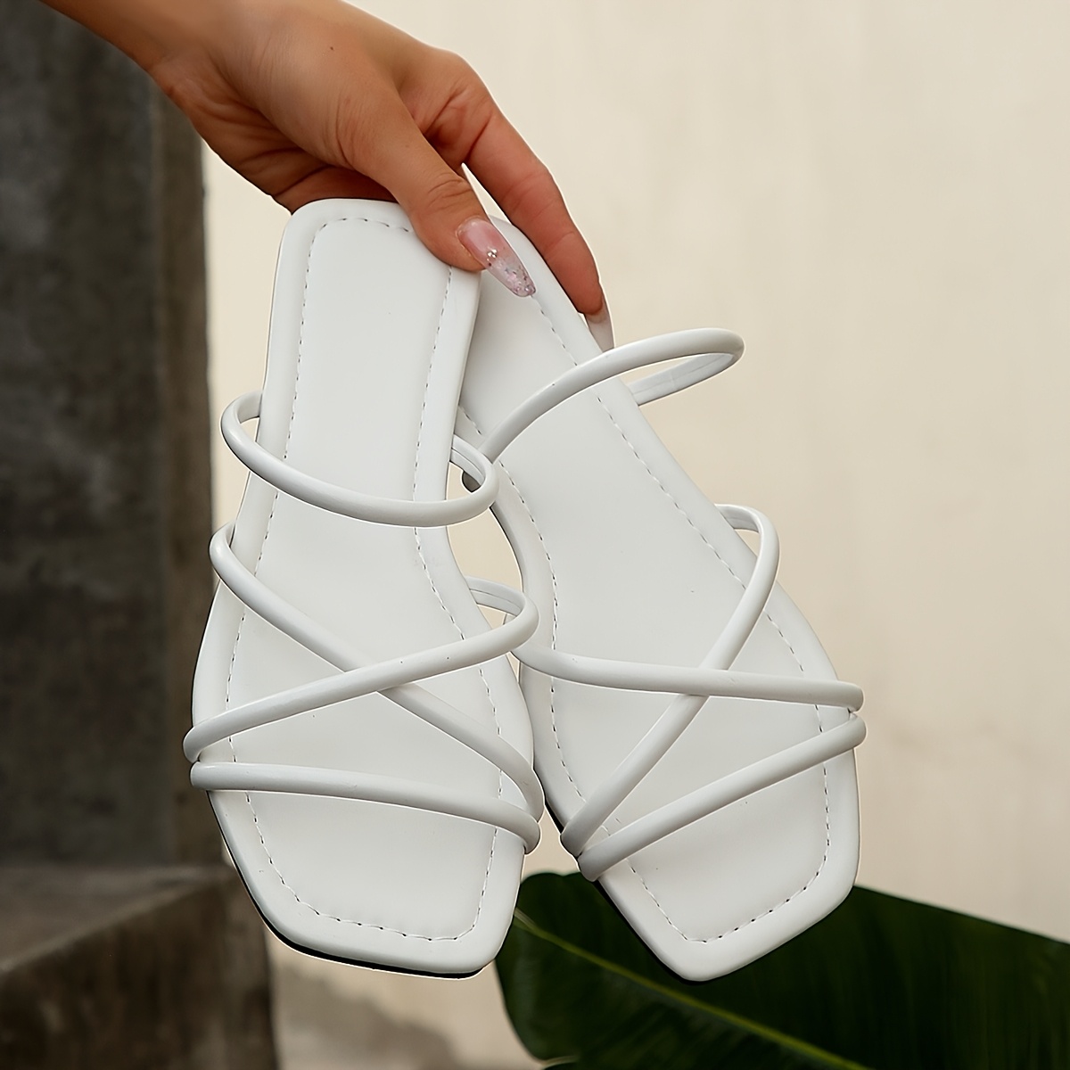 womens square toe flat sandals white synthetic cover slip Temu