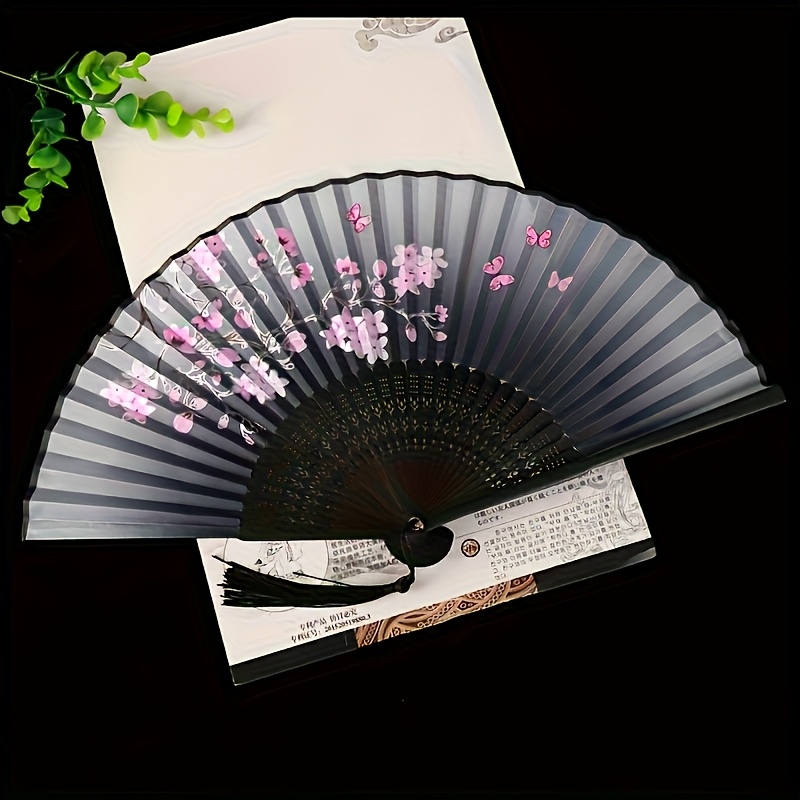 Image of 1 Folding Fan - Random Fan Ribs, Vintage Cherry Pattern In Pink And Purple Art, Lightweight Handheld Fan Suitable For Hanfu Dance, Graduation Gifts, Home Decoration, And Bamboo Art Ornaments.