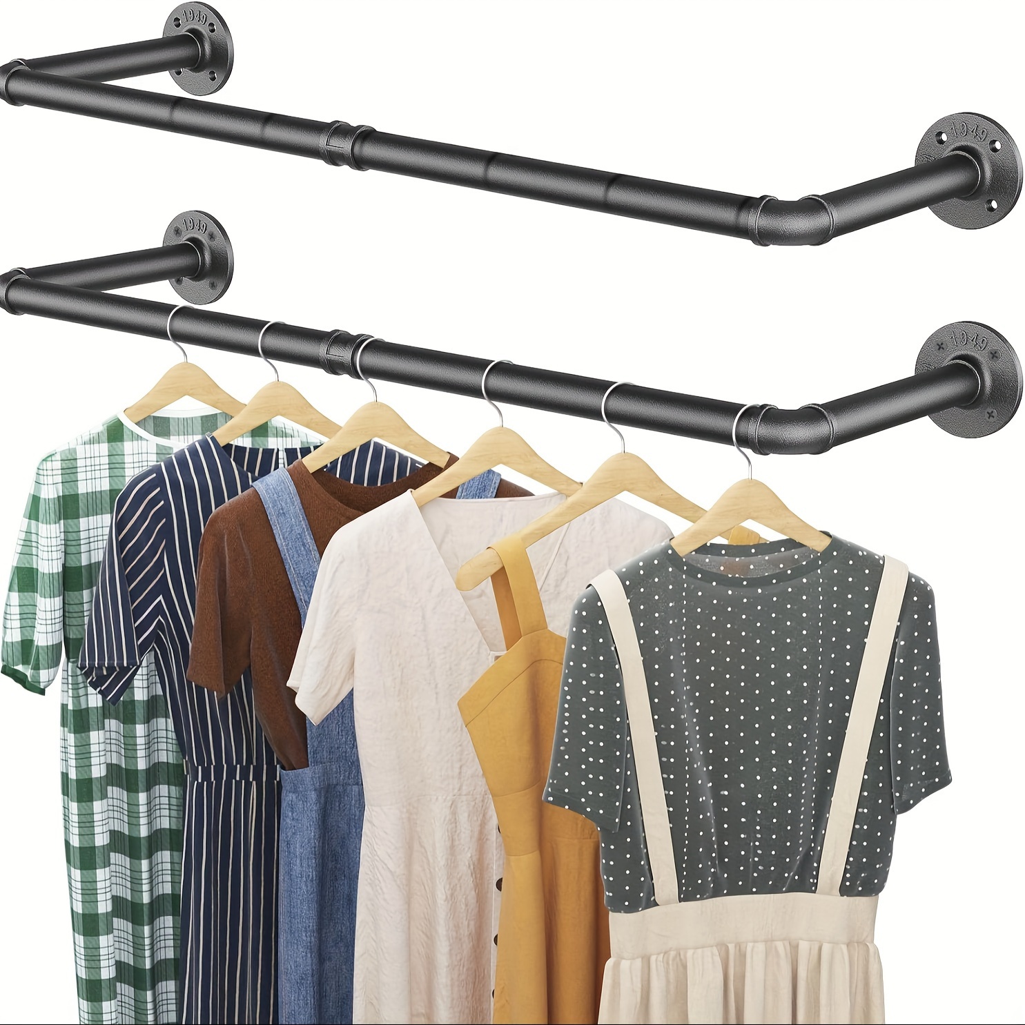 

Industrial Pipe Clothes Rack Wall Mounted Set Of 2, 38.4 Inches Heavy Duty Iron Pipe Clothing Garment Rail, Multi-purpose Clothing Hanging Rod For Laundry Room And Closet Storage Black