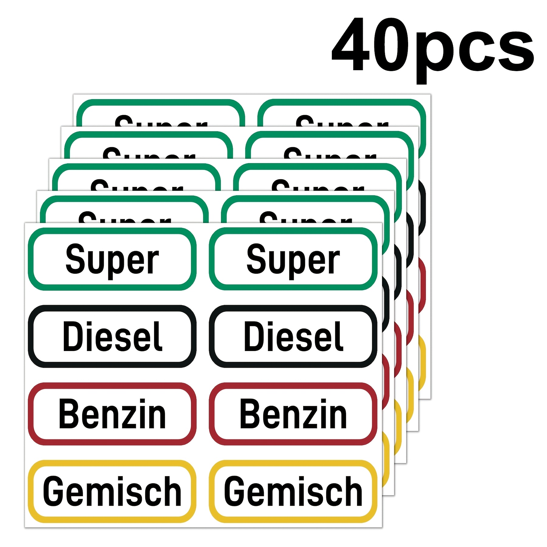 E-shop 40 Aufkleber für Kraftstoffetiketten in Deutsch, Größe 6x2 cm - Geeignet für Benzin, Diesel, Premium Diesel und Gemischte Kraftstoffe; Kann auch