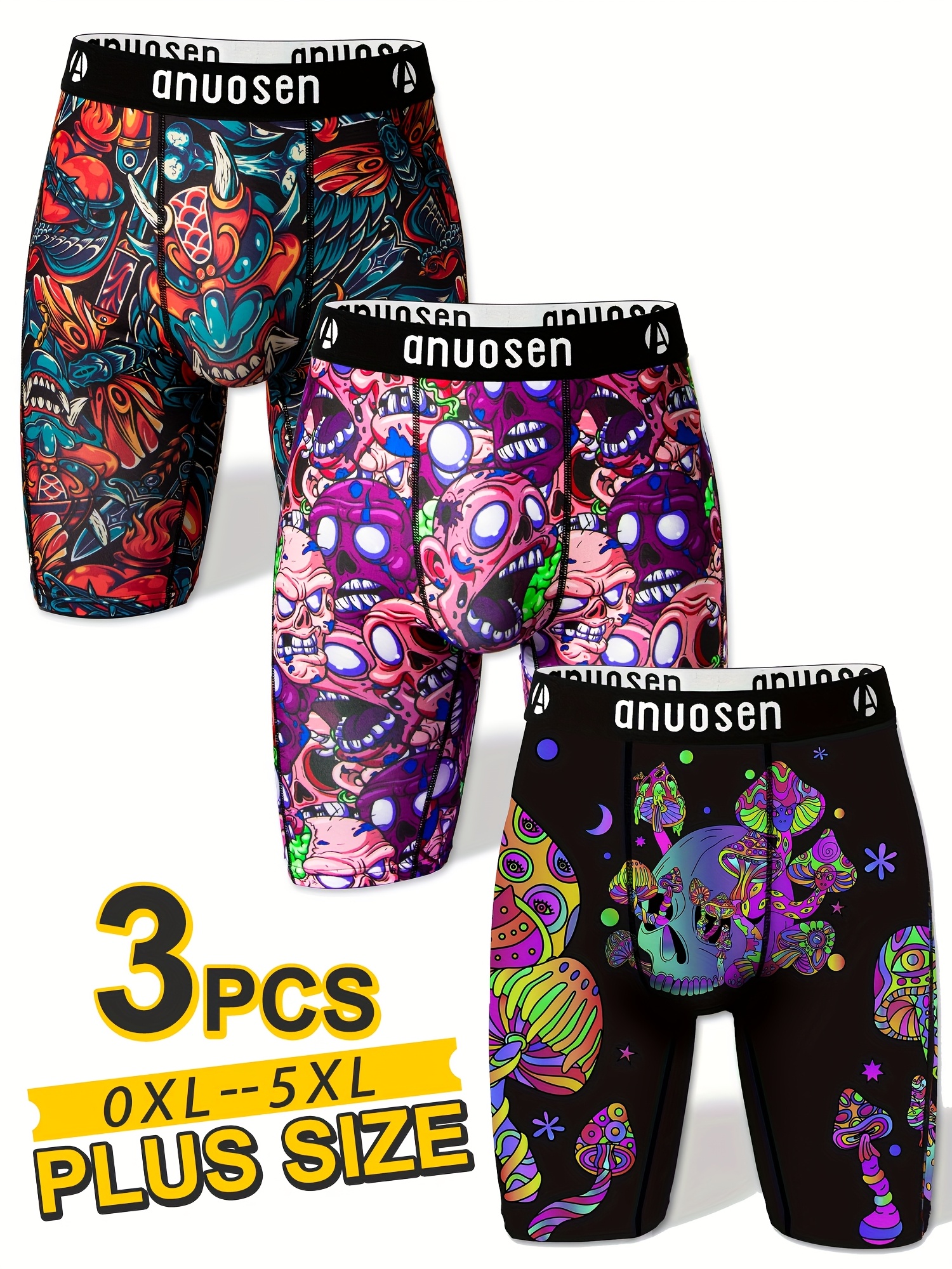 3pcs Plus Size Men'S Graphic Print Running Shorts - "Anuosen" Design, Colorful Skull & Mushroom Pattern, Quick-Dry & Breathable, Perfect for Halloween & Valentine'S Day Gifts, Plus Size Shorts|Playful Print Shorts|Stretchy Material