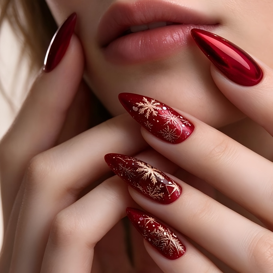 TEMU 24pcs Handmade Press-on Nails Suitable For Christmas & New Year - Wine Red & Golden Gothic Y2k Nail Art With Charms, Almond Shape Fake Nails