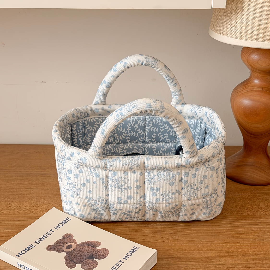 TEMU Floral Print Storage Basket, Quilted Soft Fabric Floral Print Tote Basket, Large Capacity Sundries Organizer Basket, Home Use Large Capacity