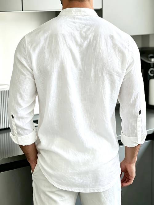 and give obm mens solid color stand collar linen long sleeve shirt semi open front design roll up sleeve style casual short vacation leisure mens versatile top