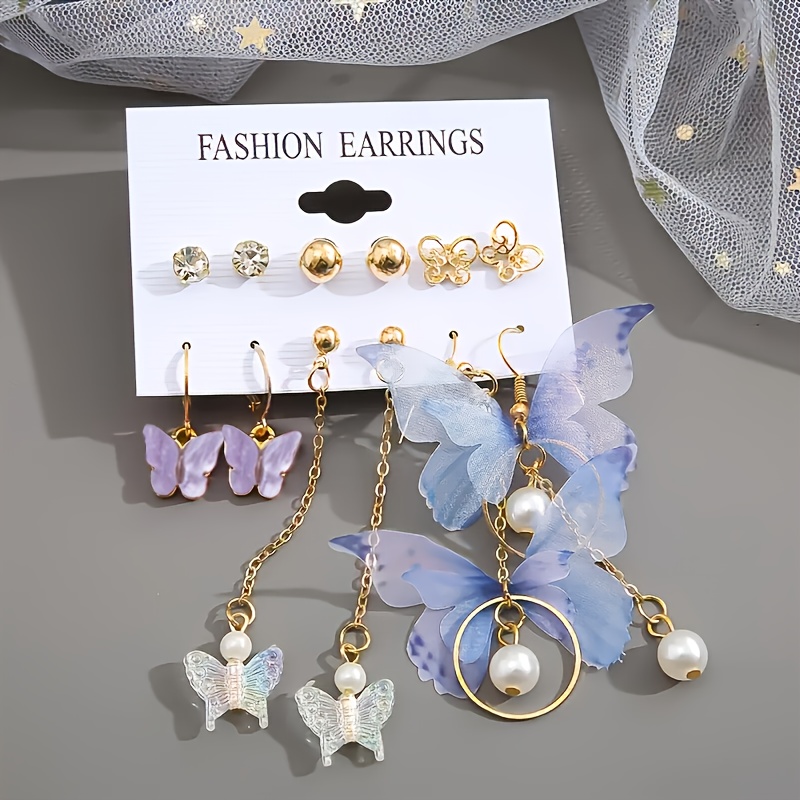TEMU Juego de 12 piezas/6 de aretes colgantes de mariposas coloridas y exquisitamente diseñados para mujeres, accesorios de moda para uso diario y
